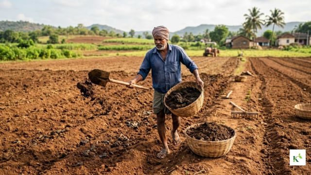 A farmer spreading gobar khaad or vermicompost in the field